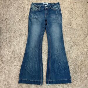 Wurl Jeans Womens Size 7 Blue Washed Distressed Flared Denim Y2K 5 Pocket‎ Pants
